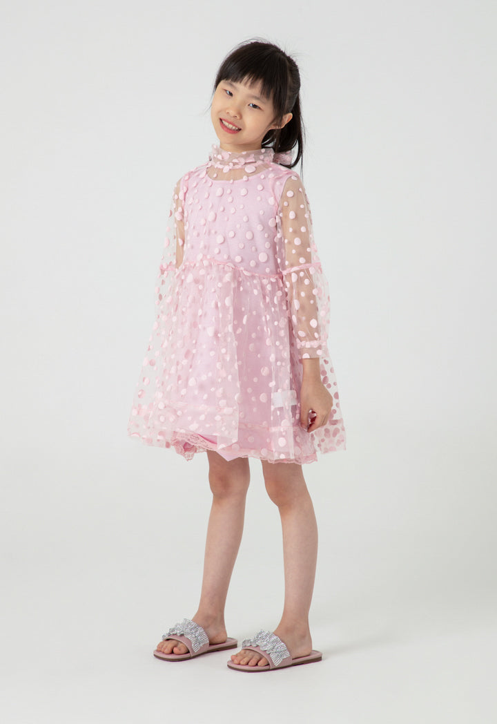 Polka Dot Flocked Mesh Lantern Sleeve Dress