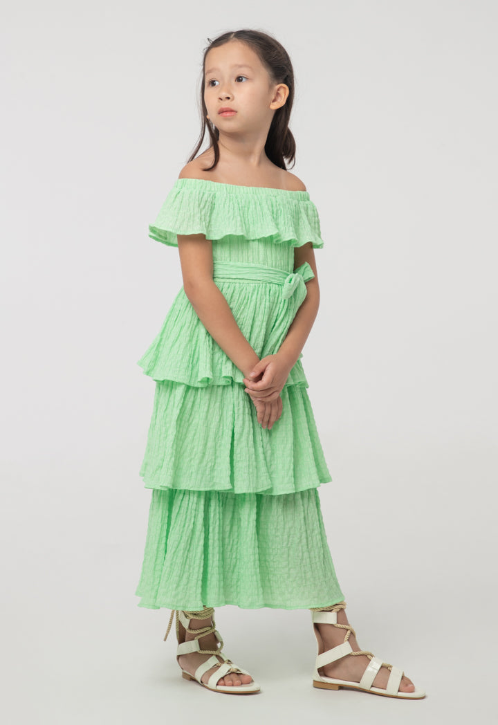 Solid Seersucker Off-The-Shoulder Tiered Dress