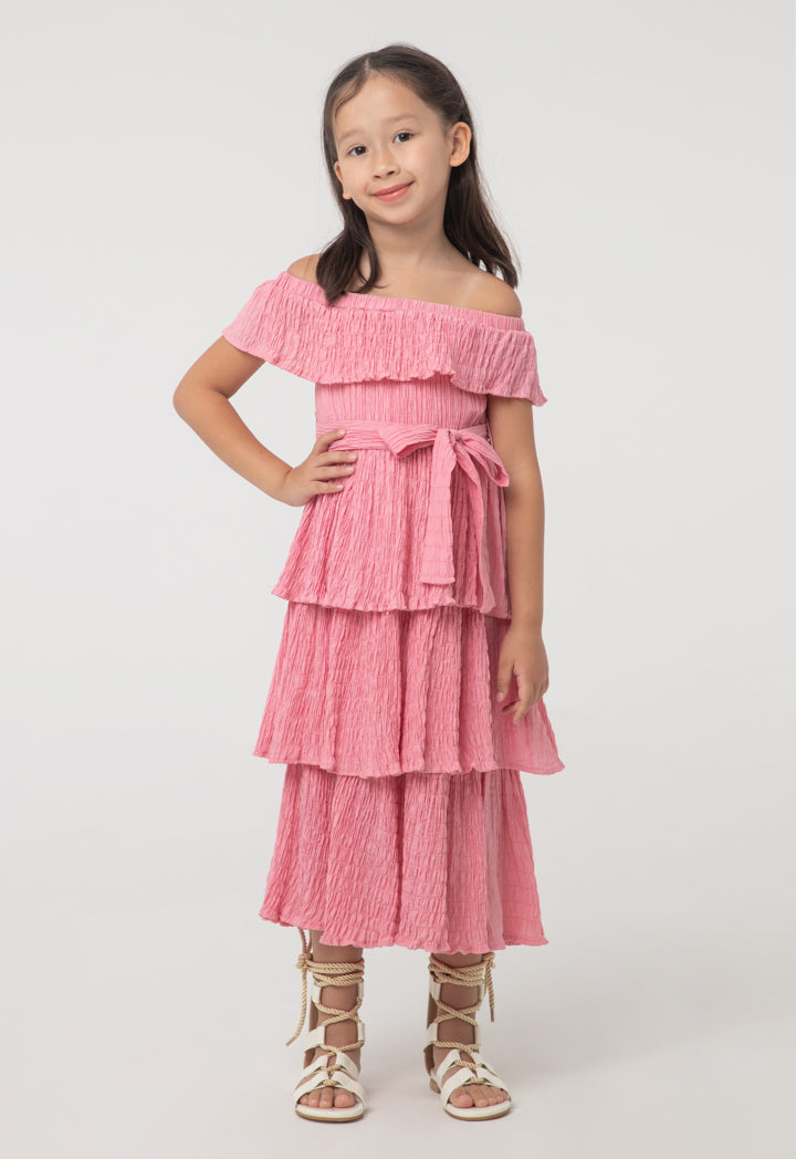 Solid Seersucker Off-The-Shoulder Tiered Dress