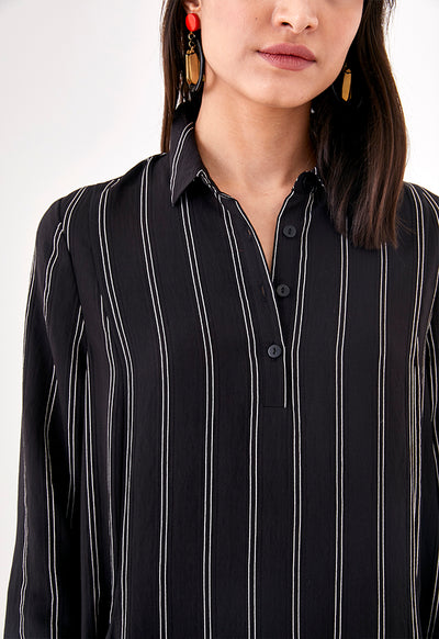 Mesh Hem Striped Shirt Dress