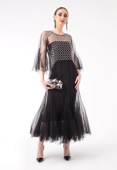 Flare Sleeve Long Tulle Dress