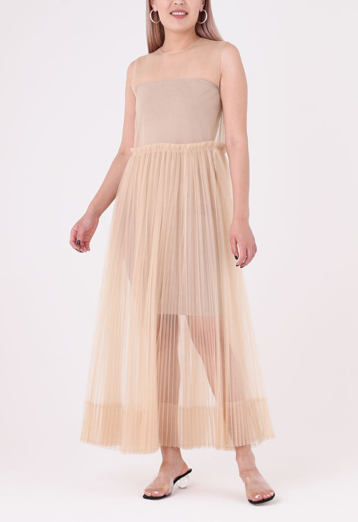 Tan Mesh Tulle Sleeveless Outer Dress