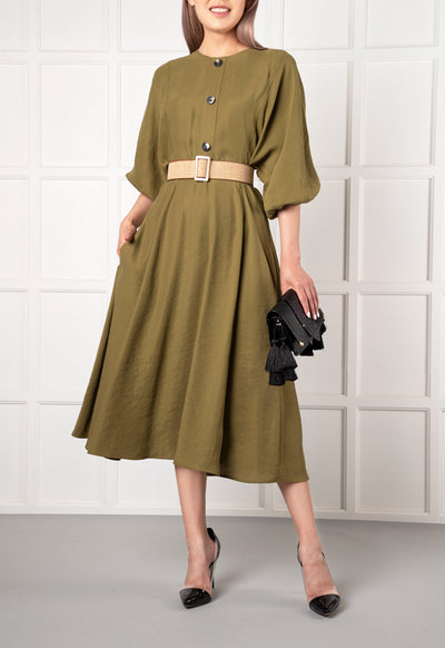 Faux Button Puff Sleeve Dress