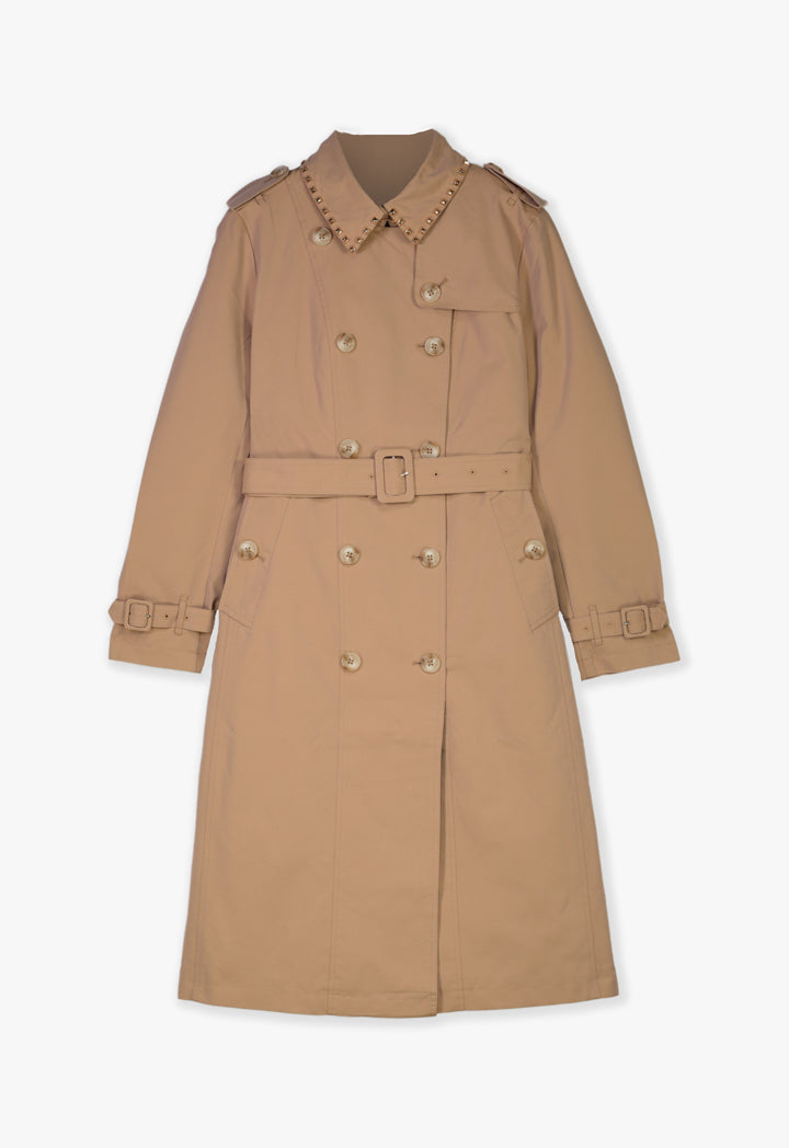 Studded Collar Gabardine Trench Coat