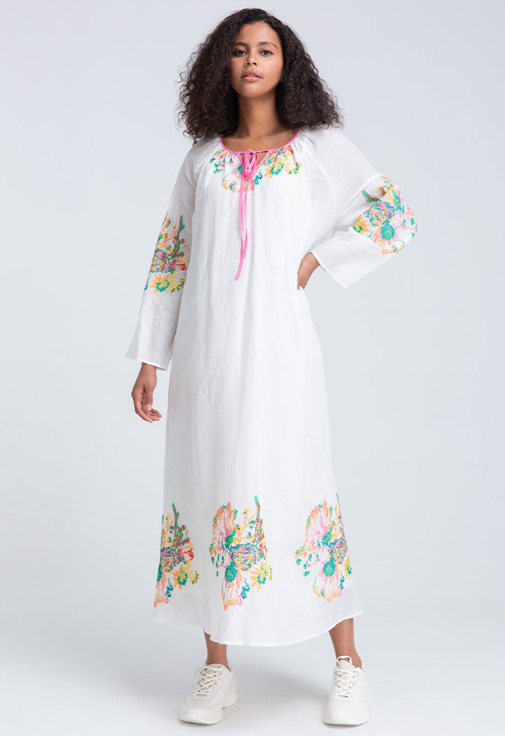 Neck Tie Keyhole Embroidered Midi Dress Set