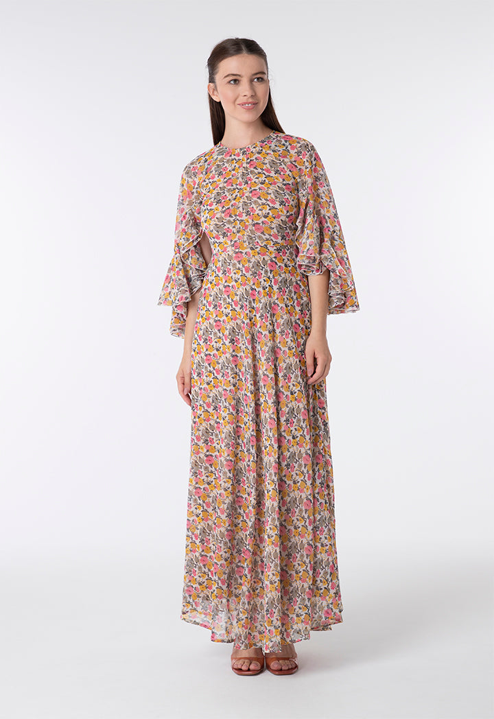 Floral Cape Frill Dress - Fresqa