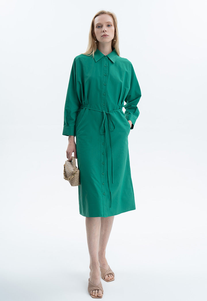 Solid Waist Tie Shirt Dress