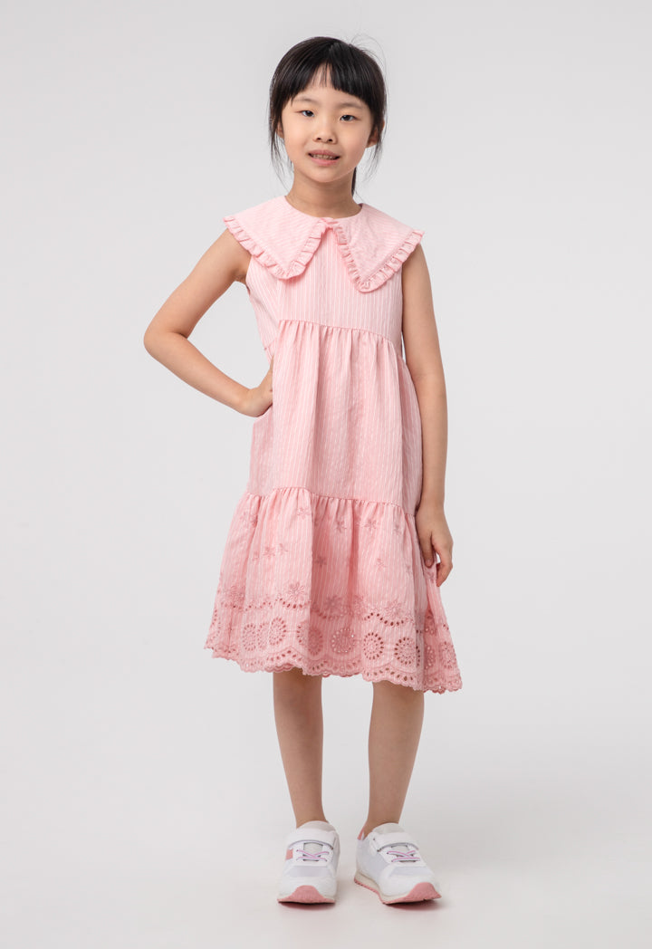 Embroider Stripe Ruffle Tiered Sleeveless Dress