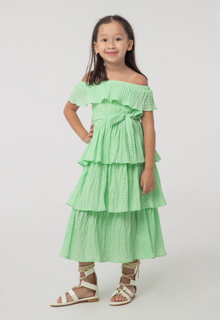 Solid Seersucker Off-The-Shoulder Tiered Dress