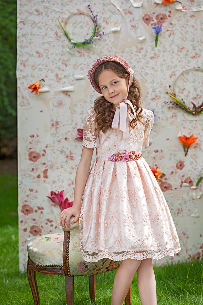 Powder Pink Lace Dress With Floral Waistband