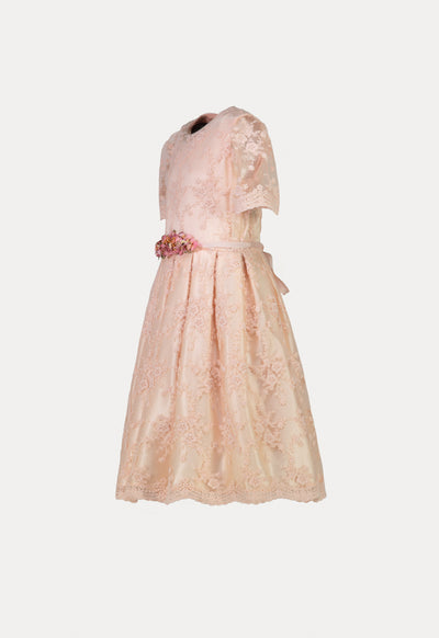 Powder Pink Lace Dress With Floral Waistband