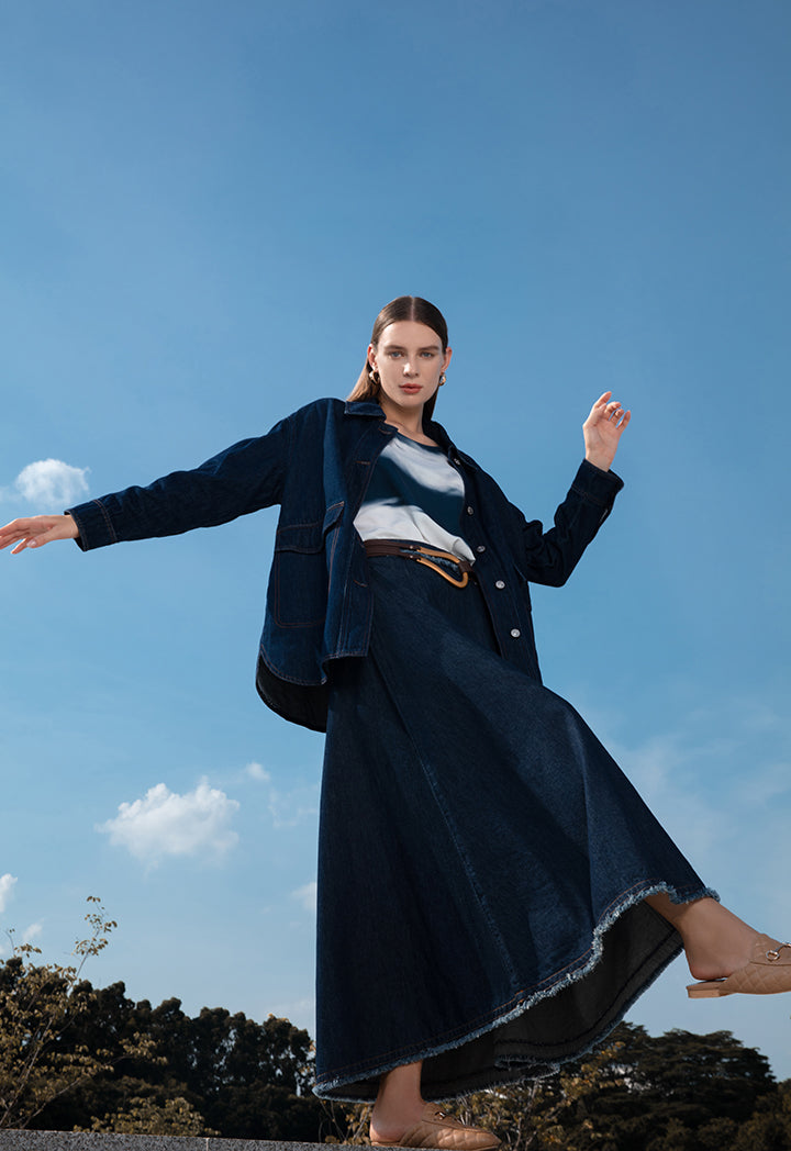 Fringed A-Line Denim Long Skirt