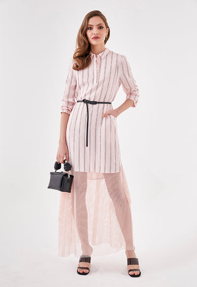 Mesh Hem Striped Shirt Dress