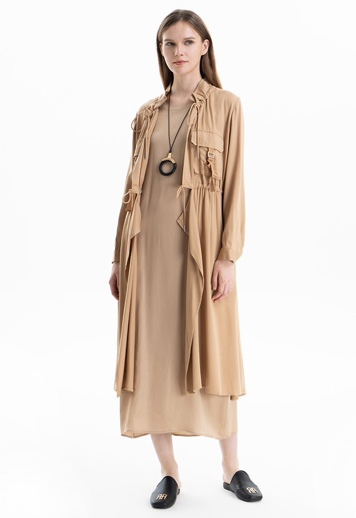 Solid Elasticated Drawstring Long Jacket