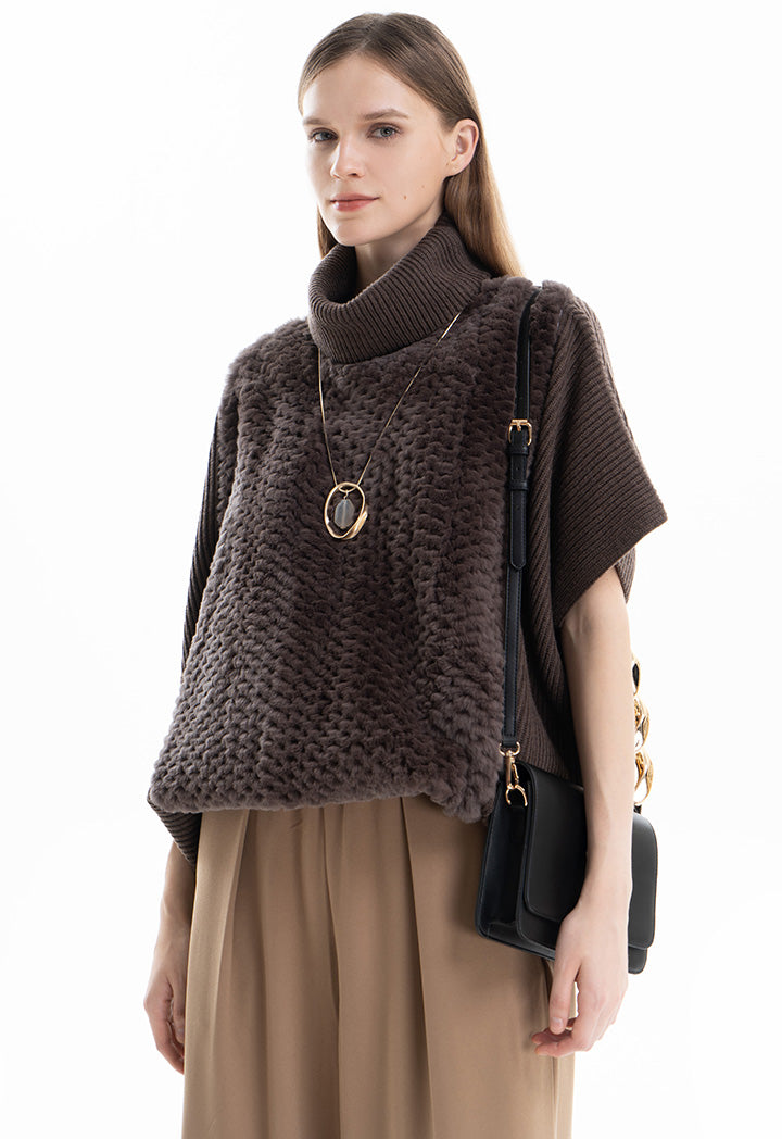 Faux Fur Hem Slip On Knitted Poncho