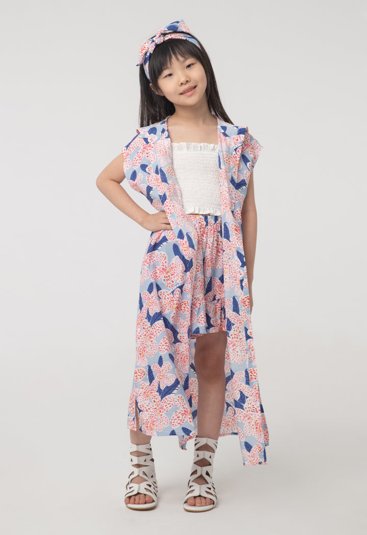 Floral Print Smoking Ruffle Hoodie Dress Sets