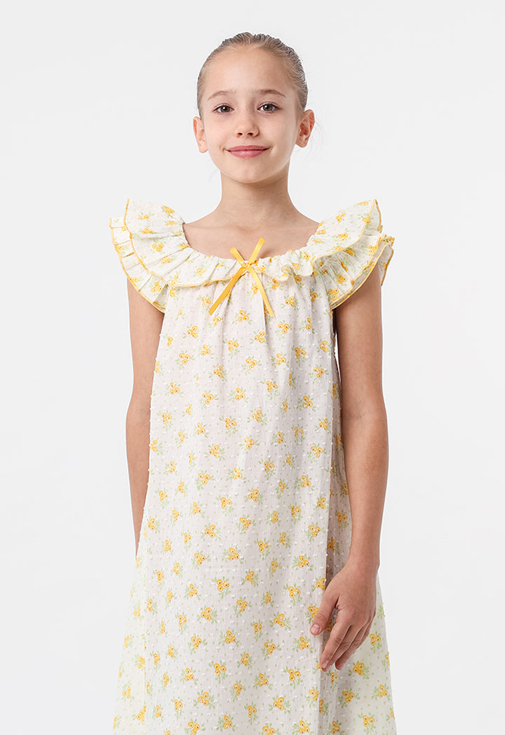 Flowers Printed With Ribbon Night Sleepwear Dress