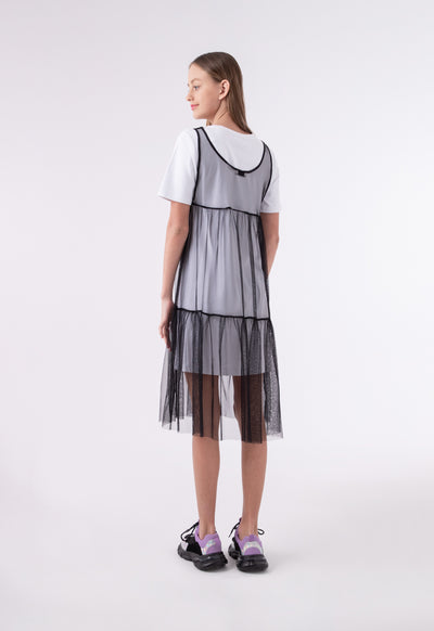 Tulle Overlay Jersey T-Shirt Dress