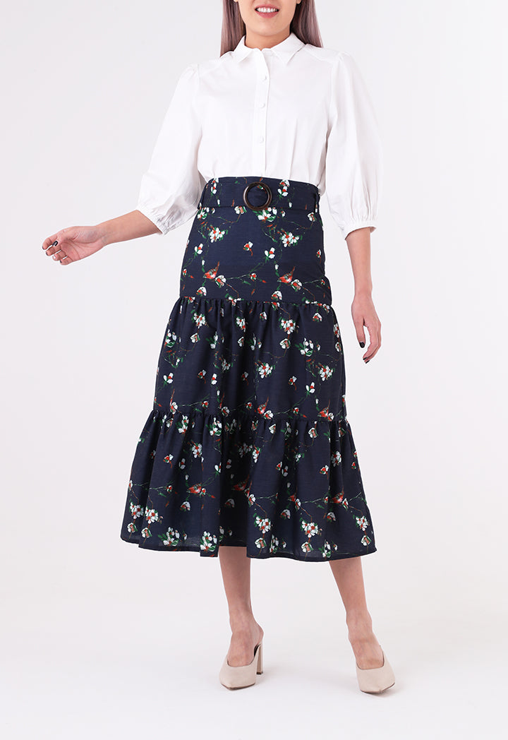 Floral Tiered Belted Skirt