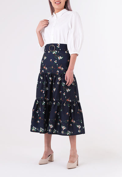 Floral Tiered Belted Skirt