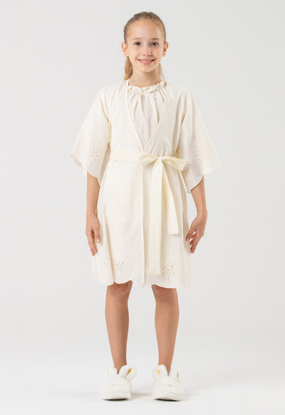 Schiffli Open Robe With Self Tie Waist Band